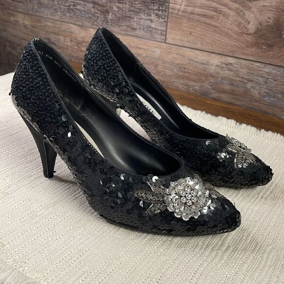 Jacqie Vintage Black Sequined High Heels, Black and Silver, Size 7 - Picture 4 of 9